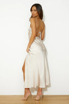 Flowering Girl Women Satin slit Midi Dress in Champagne