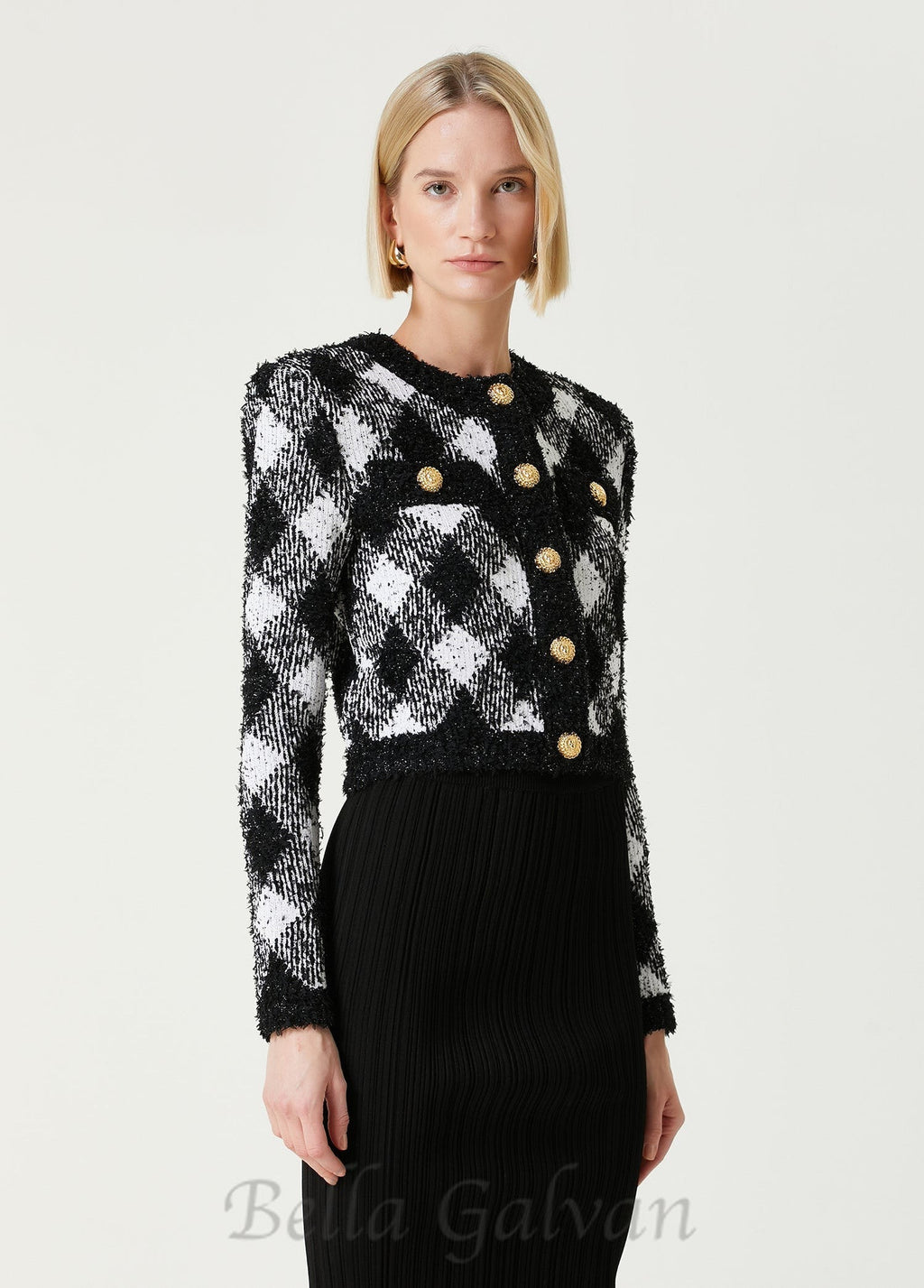 Flowering Girl Women Black White Gingham Tweed Cardigan