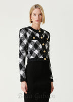 Flowering Girl Women Black White Gingham Tweed Cardigan