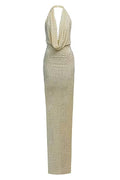 stephanie beading embellished halter backless maxi dress in Butter
