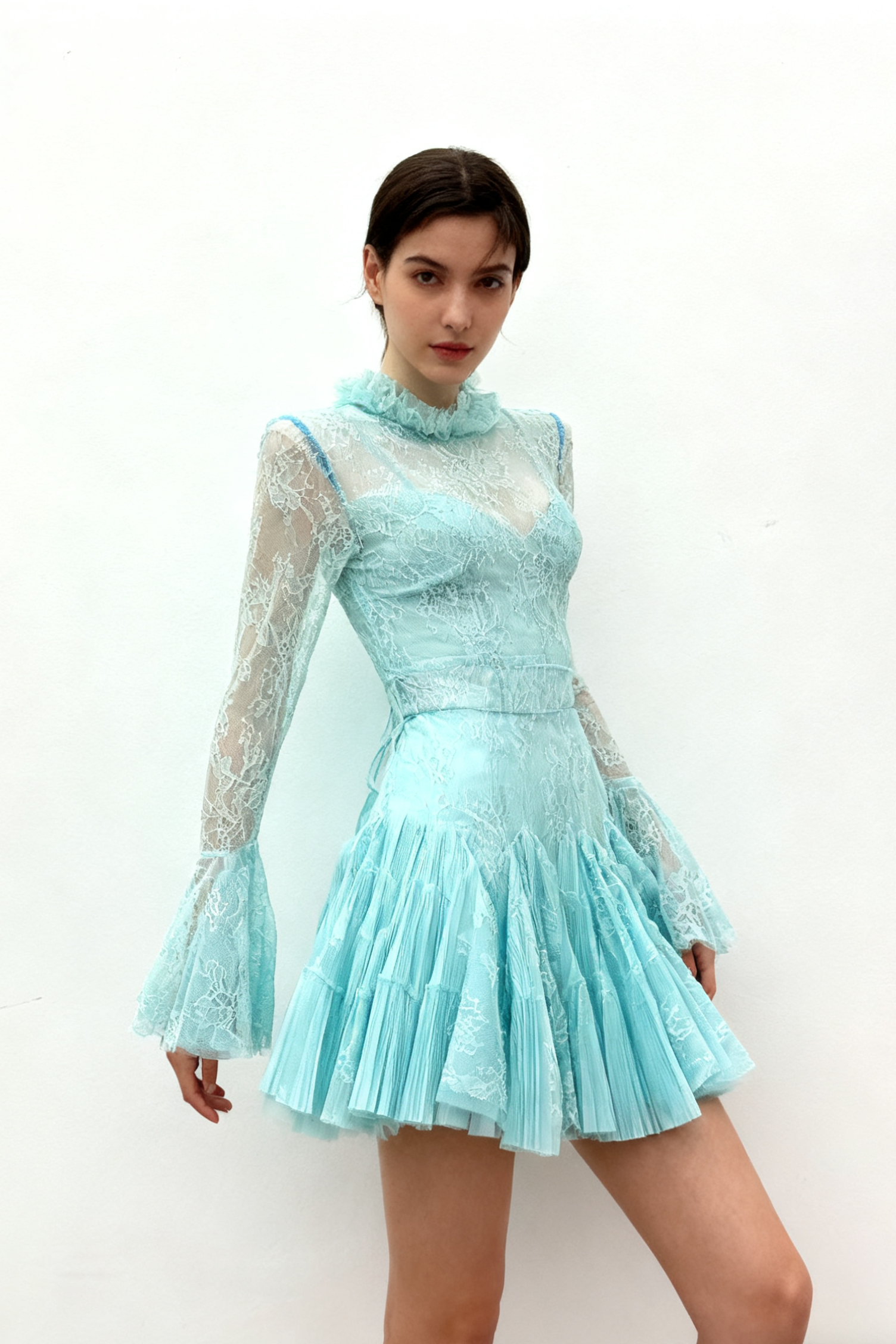 Flowering Girl Women Blue Embroidered Flared Mini Dress