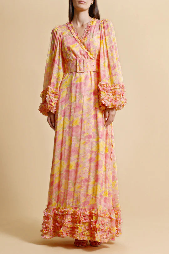 Flowering Girl Women chiffon ruffled wrap maxi dress in orange