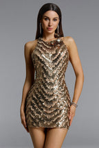 sabrina Halter Floral Sequin Mini Dress in gold
