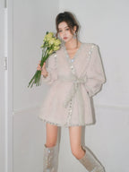 Beige V-Neck Long Sleeve Diamond Stud Coat