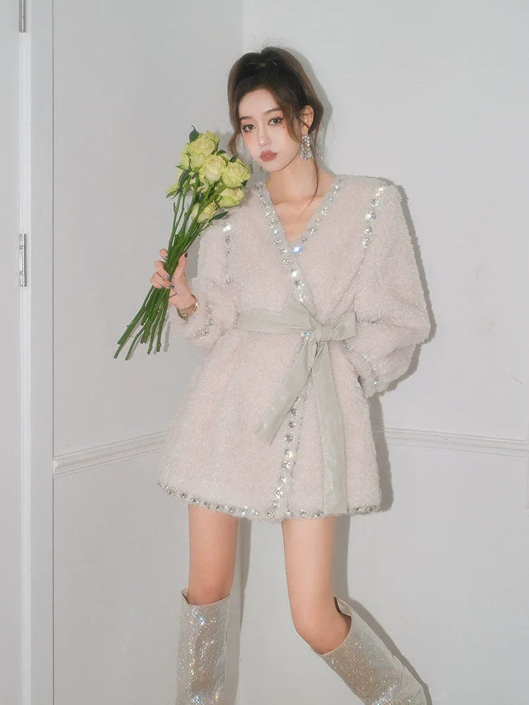 Flowering Girl Women Beige V-Neck Long Sleeve Diamond Stud Coat