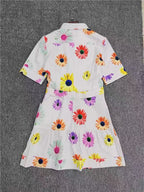 White Multicolor Daisy Print Shirt Dress with Belt