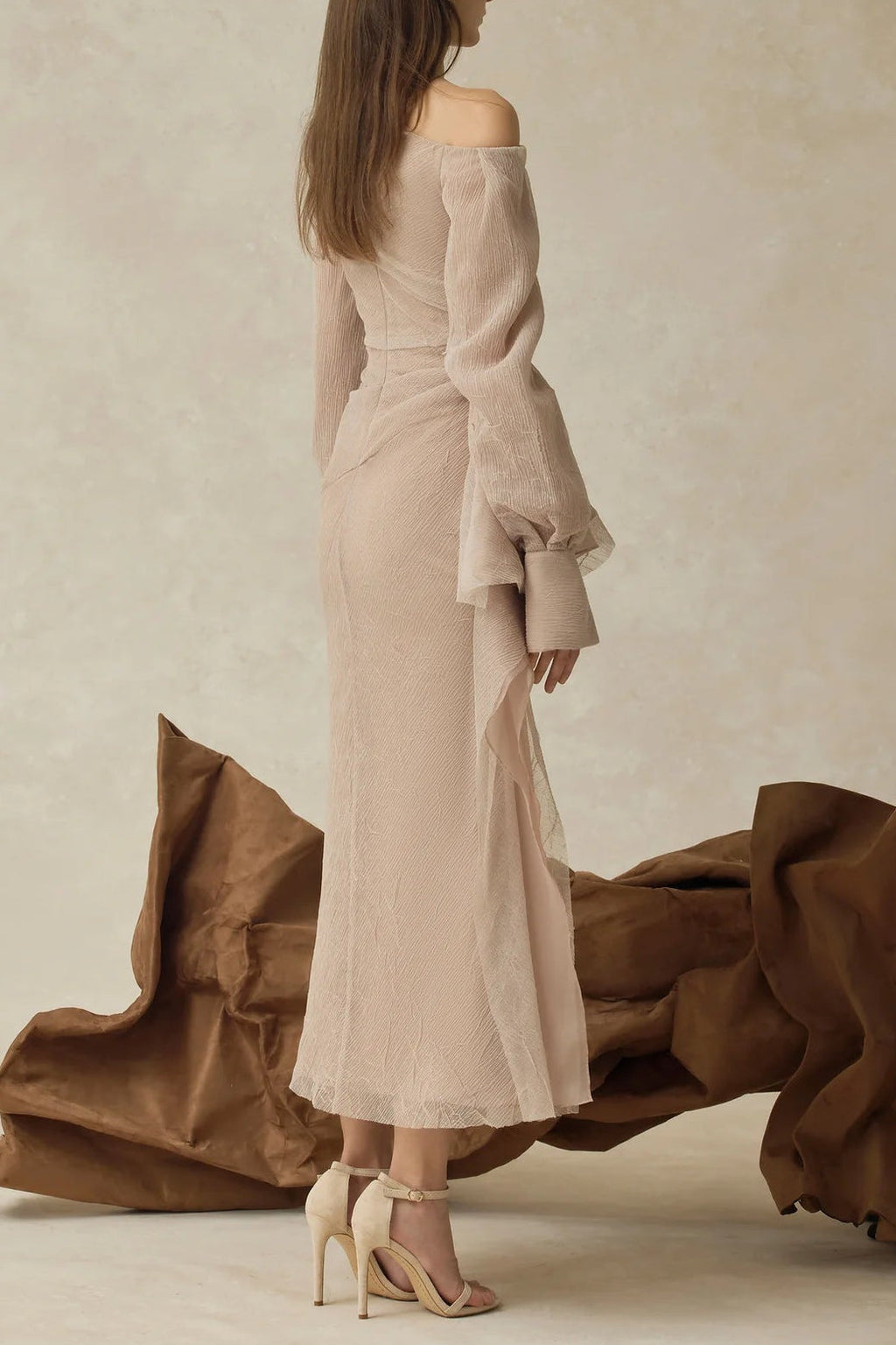 Flowering Girl Women Brianna Asymmetric Long Sleeve Pleated Maxi Dress In Beige
