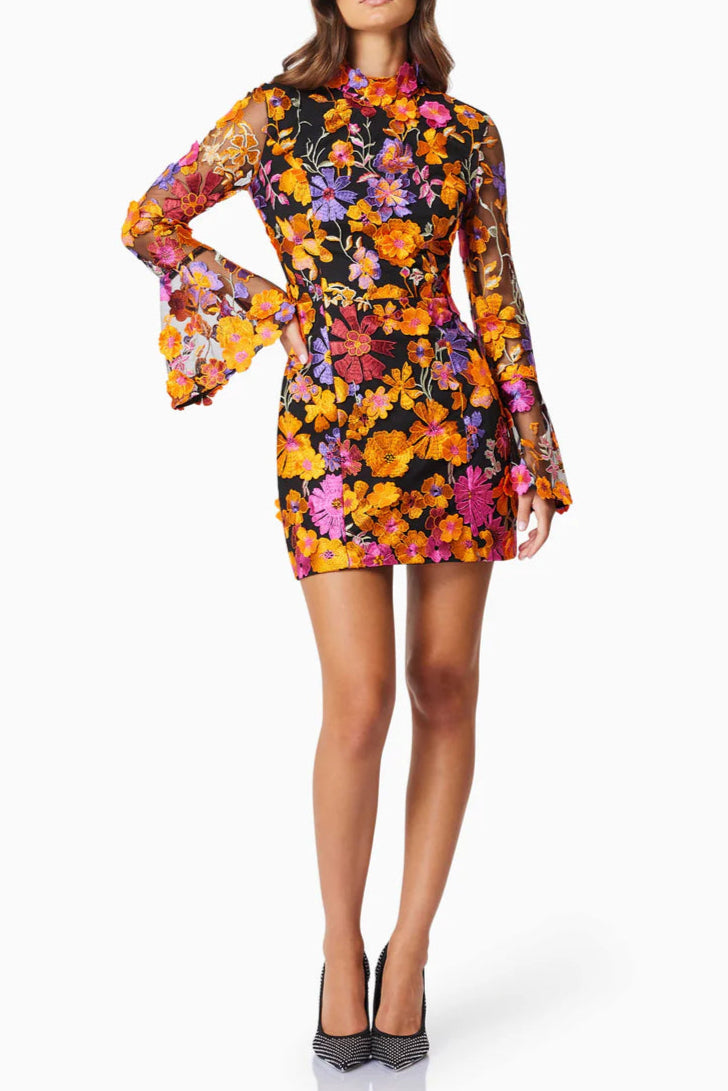 Multi Orange Flower Embroidered Long Sleeves Mini Dress