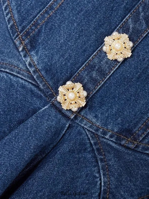 sleeveless flower button denim mini dress in blue