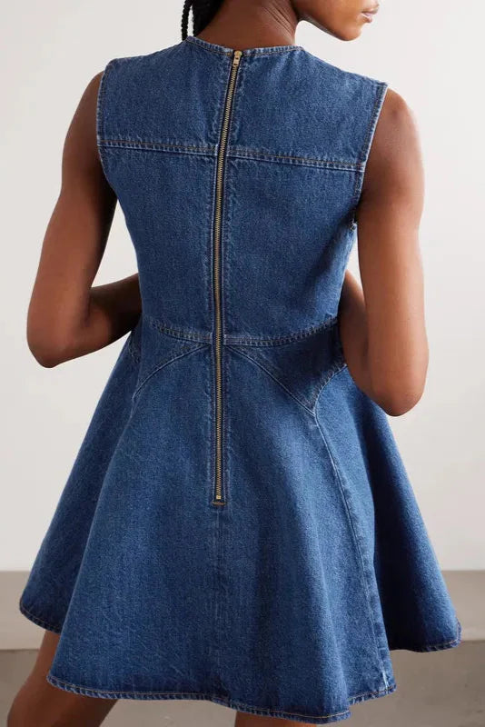 Sleeveless Flower Button Denim Mini Dress In Blue