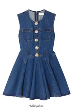 sleeveless flower button denim mini dress in blue