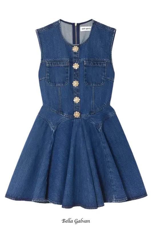 sleeveless flower button denim mini dress in blue
