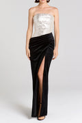 Flowering Girl Women Nancy Off Shoulder Sequin High Slit Velvet Maxi Dress - Silver/Black