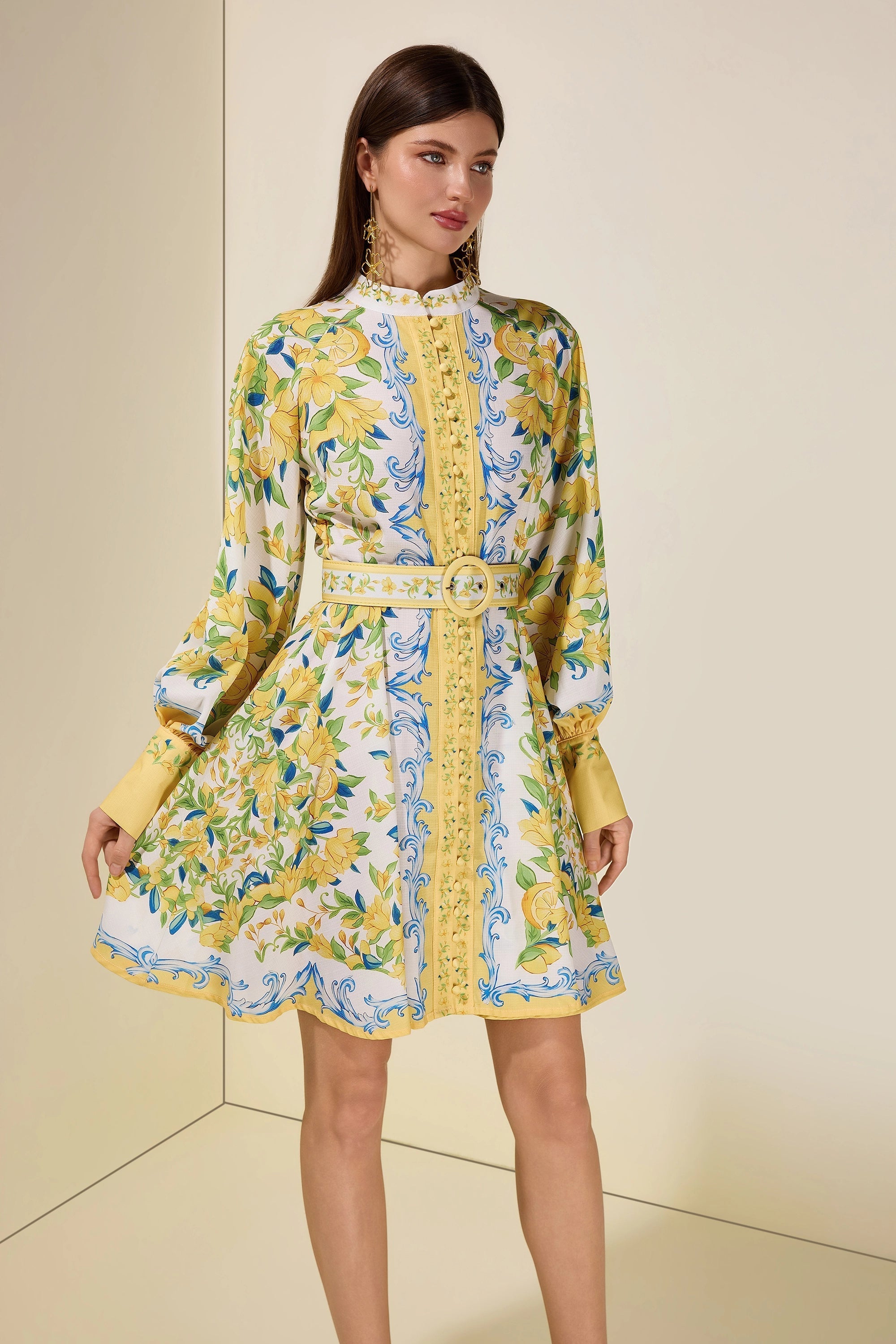 Lemon Floral Single-Breasted Midi Dress With Belt - yellow