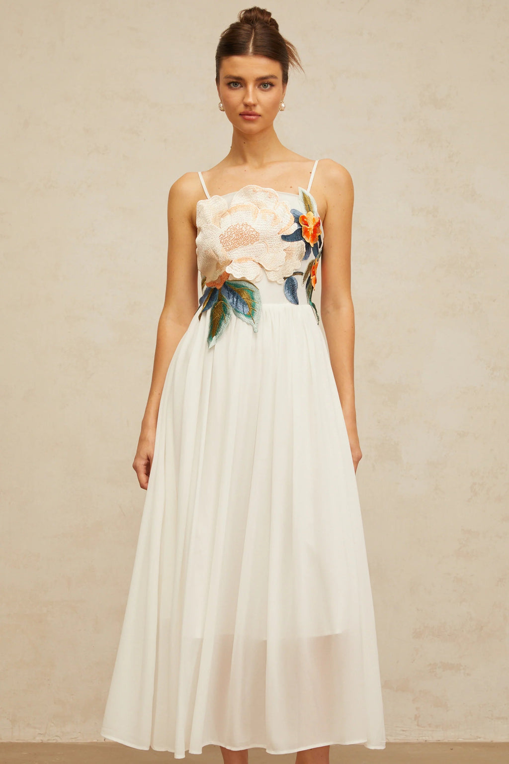 joann Appliqué Camellia Floral Maxi Dress in white