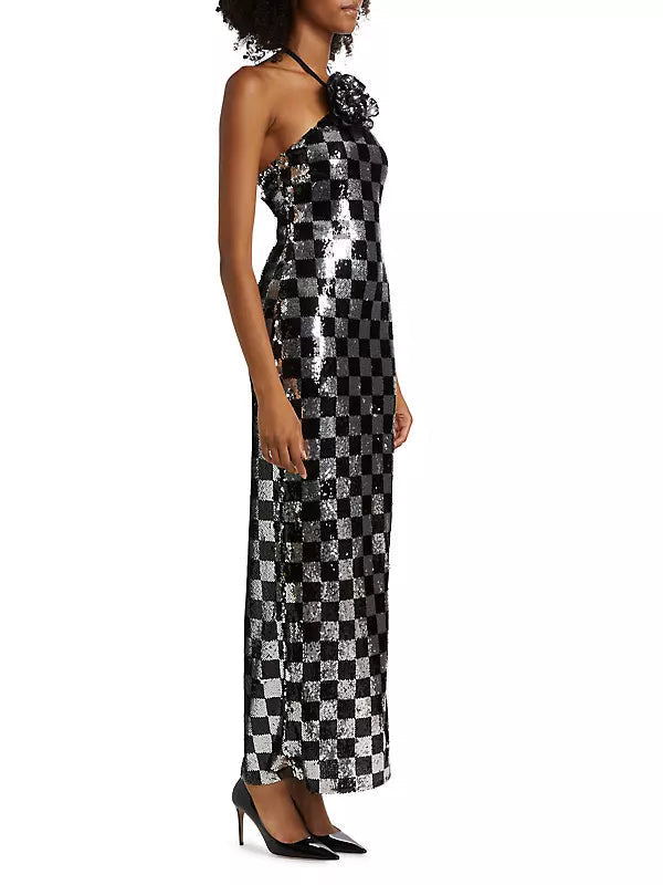 Flowering Girl Women checkerboard sequin halter gown with flower