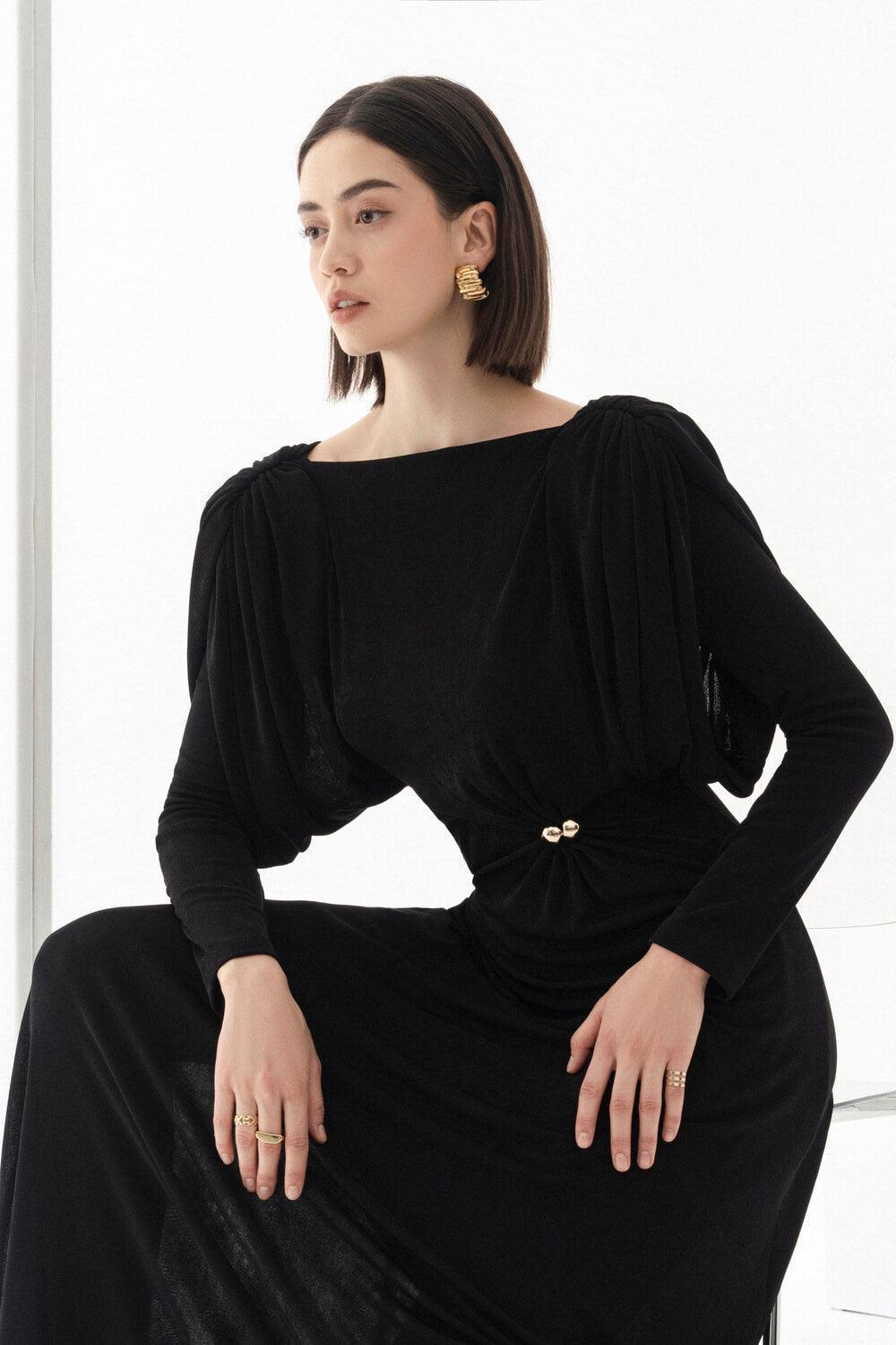 Flowering Girl Women black straight boat neck knitted fabric maxi dress