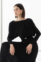 Flowering Girl Women black straight boat neck knitted fabric maxi dress