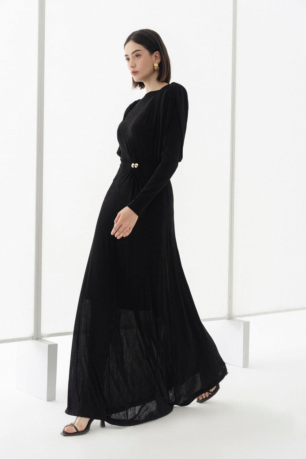 Flowering Girl Women black straight boat neck knitted fabric maxi dress
