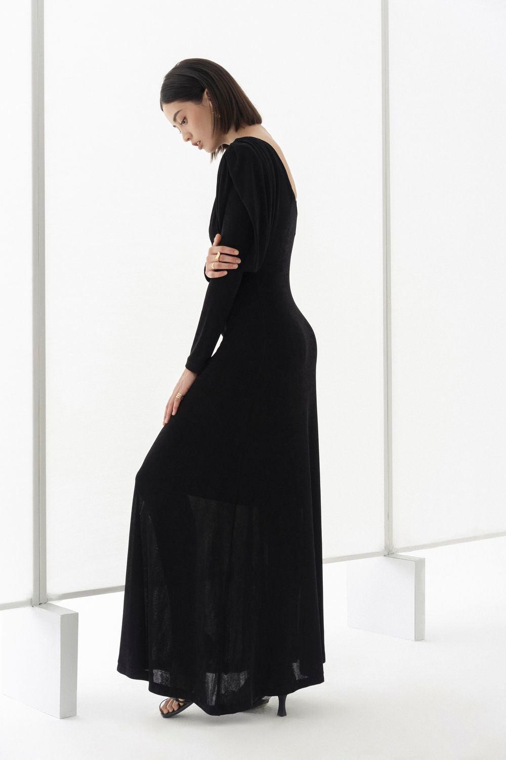 Flowering Girl Women black straight boat neck knitted fabric maxi dress