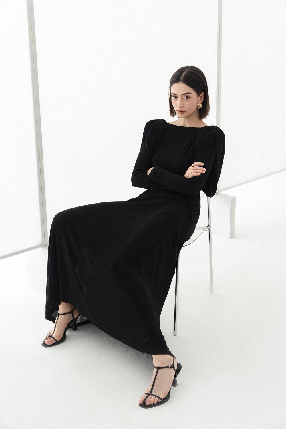 Flowering Girl Women black straight boat neck knitted fabric maxi dress