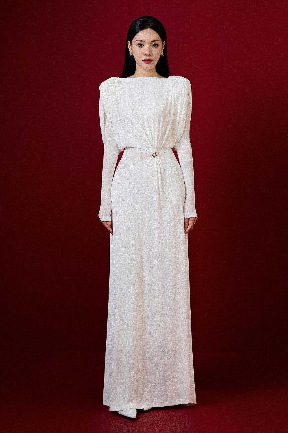 Flowering Girl Women white straight boat neck knitted fabric maxi dress