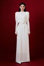 Flowering Girl Women white straight boat neck knitted fabric maxi dress