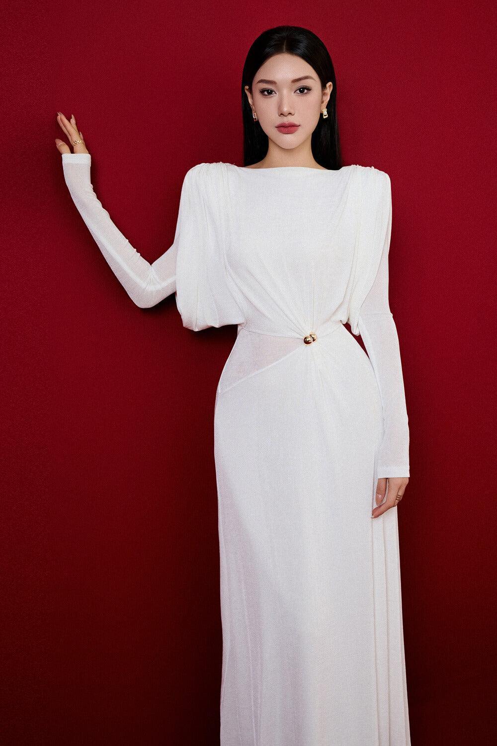 Flowering Girl Women white straight boat neck knitted fabric maxi dress