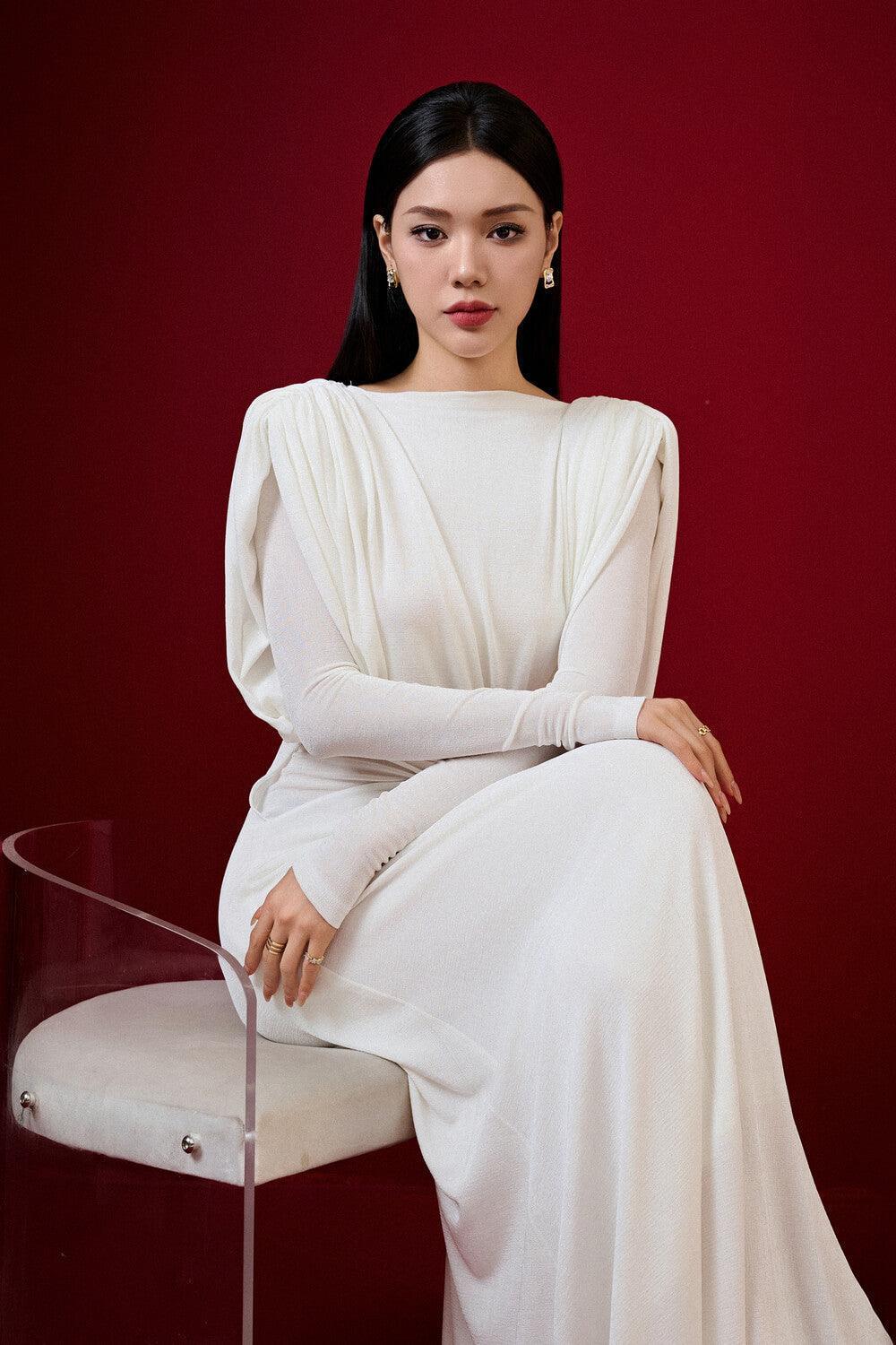 Flowering Girl Women white straight boat neck knitted fabric maxi dress