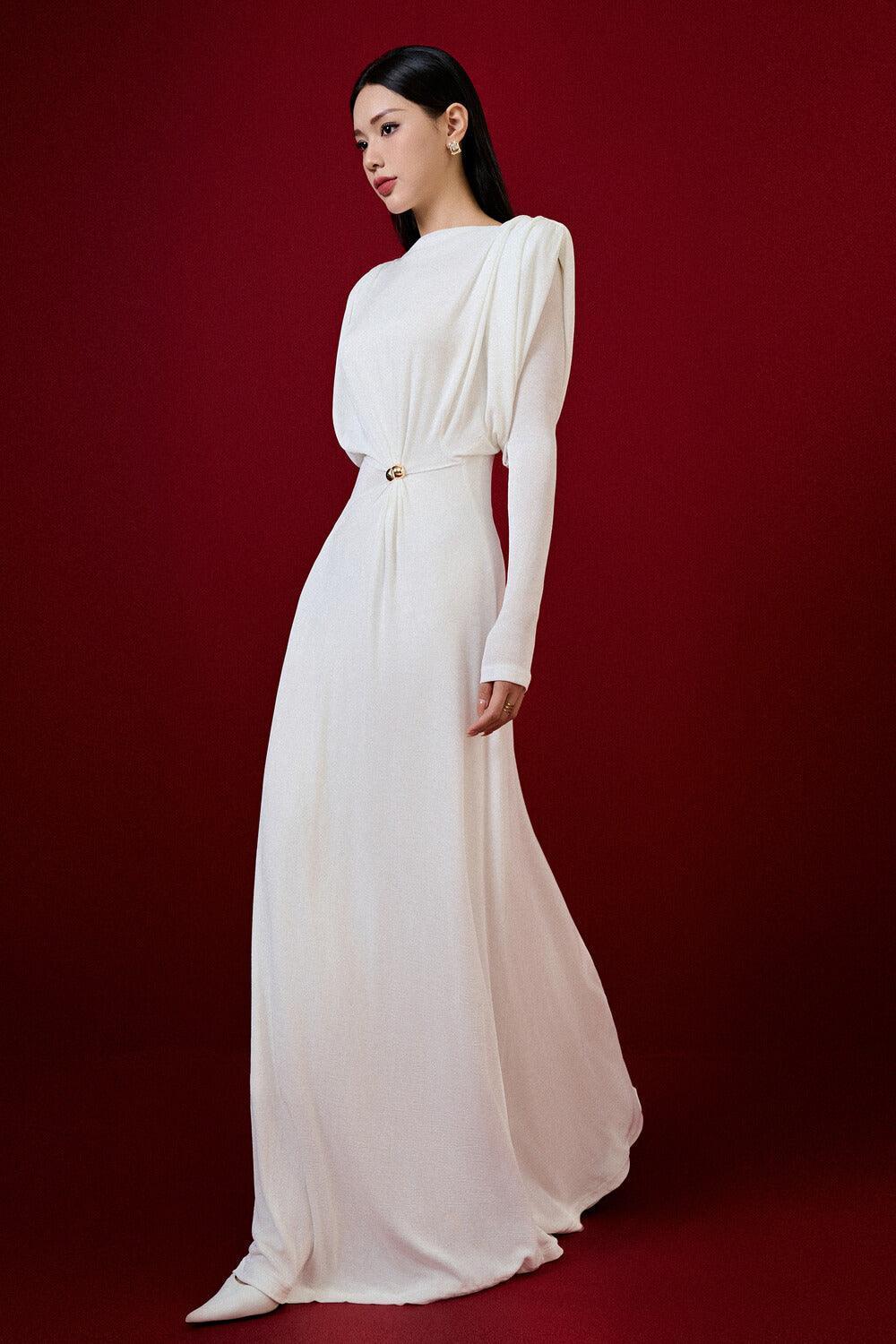 Flowering Girl Women white straight boat neck knitted fabric maxi dress