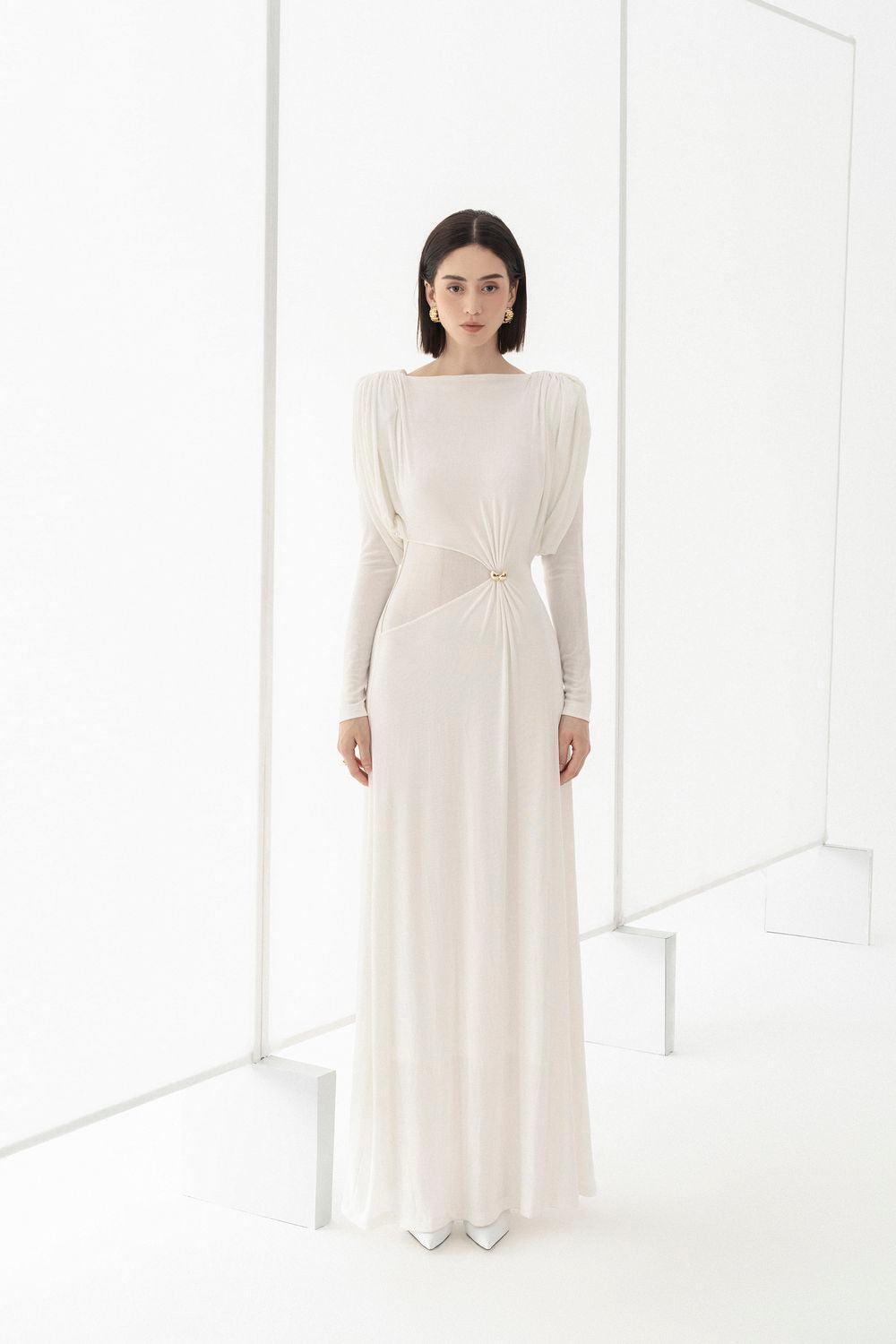 Flowering Girl Women white straight boat neck knitted fabric maxi dress
