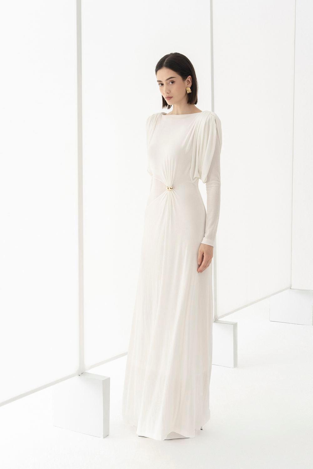 Flowering Girl Women white straight boat neck knitted fabric maxi dress