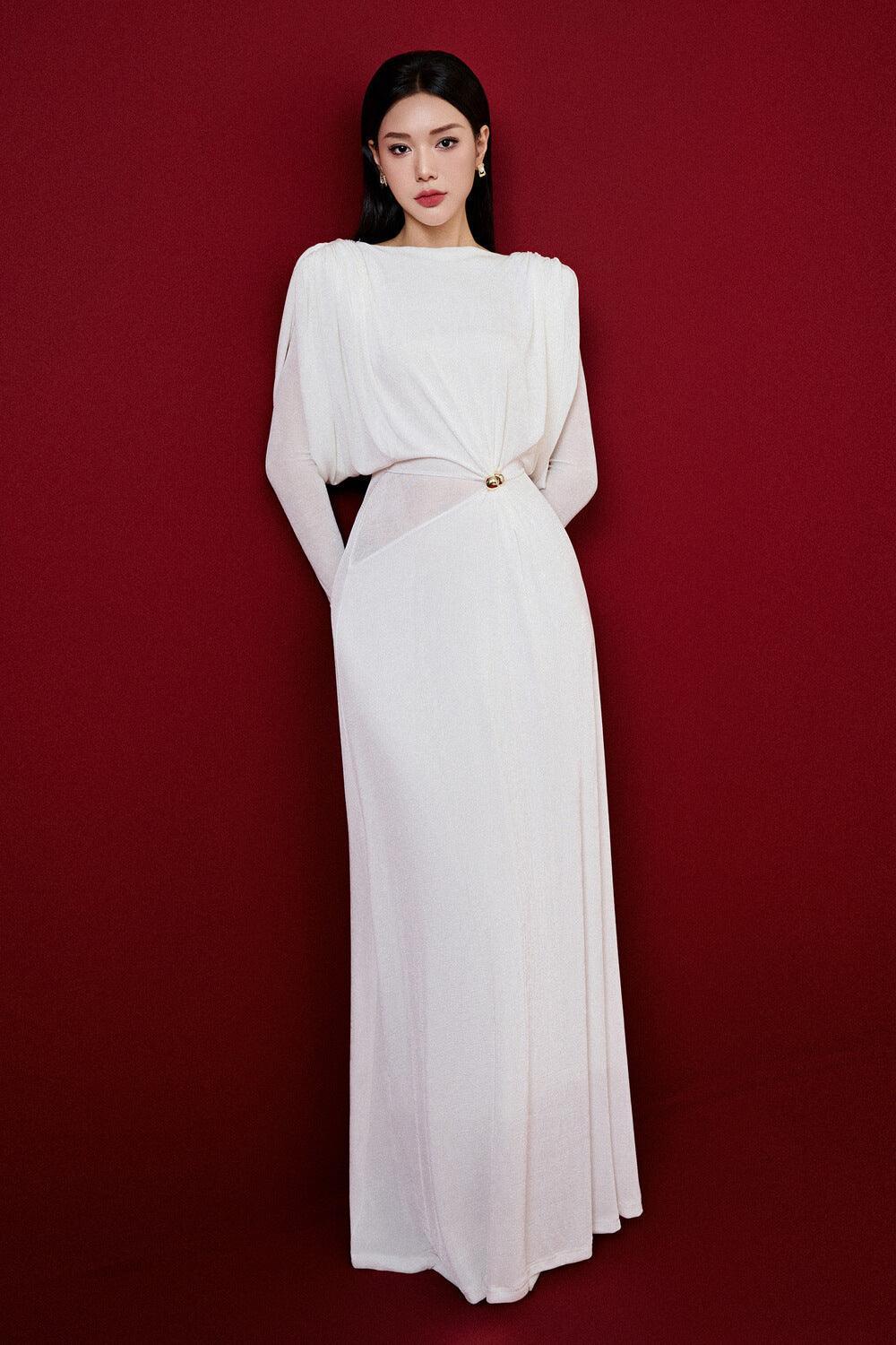 Flowering Girl Women white straight boat neck knitted fabric maxi dress