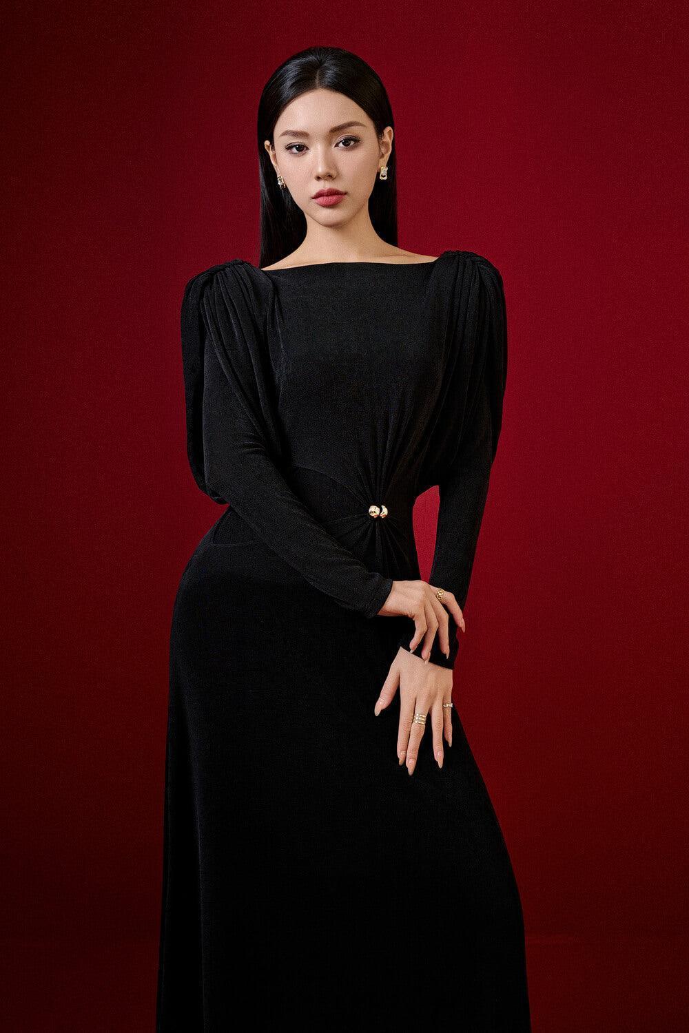 Flowering Girl Women black straight boat neck knitted fabric maxi dress