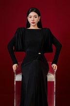 Flowering Girl Women black straight boat neck knitted fabric maxi dress