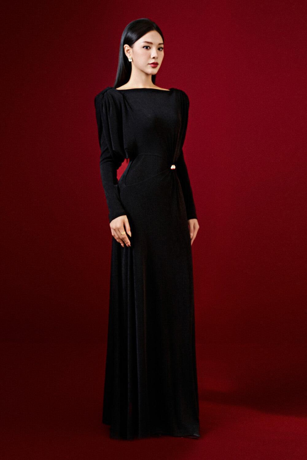 Flowering Girl Women black straight boat neck knitted fabric maxi dress