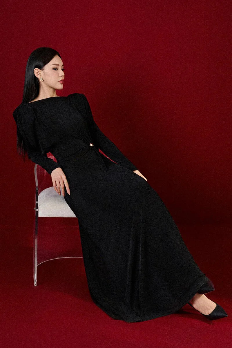 Flowering Girl Women Beryl Pleated Knitted Fabric Maxi Dress In Black