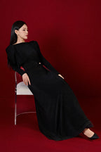 Flowering Girl Women black straight boat neck knitted fabric maxi dress