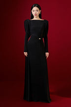Flowering Girl Women black straight boat neck knitted fabric maxi dress