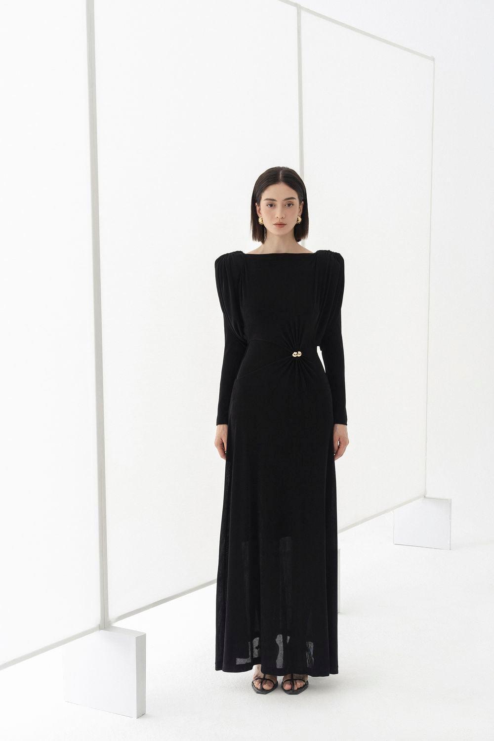 Flowering Girl Women black straight boat neck knitted fabric maxi dress