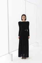 Flowering Girl Women black straight boat neck knitted fabric maxi dress