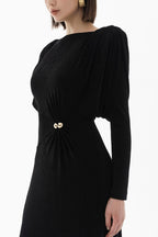 Flowering Girl Women black straight boat neck knitted fabric maxi dress