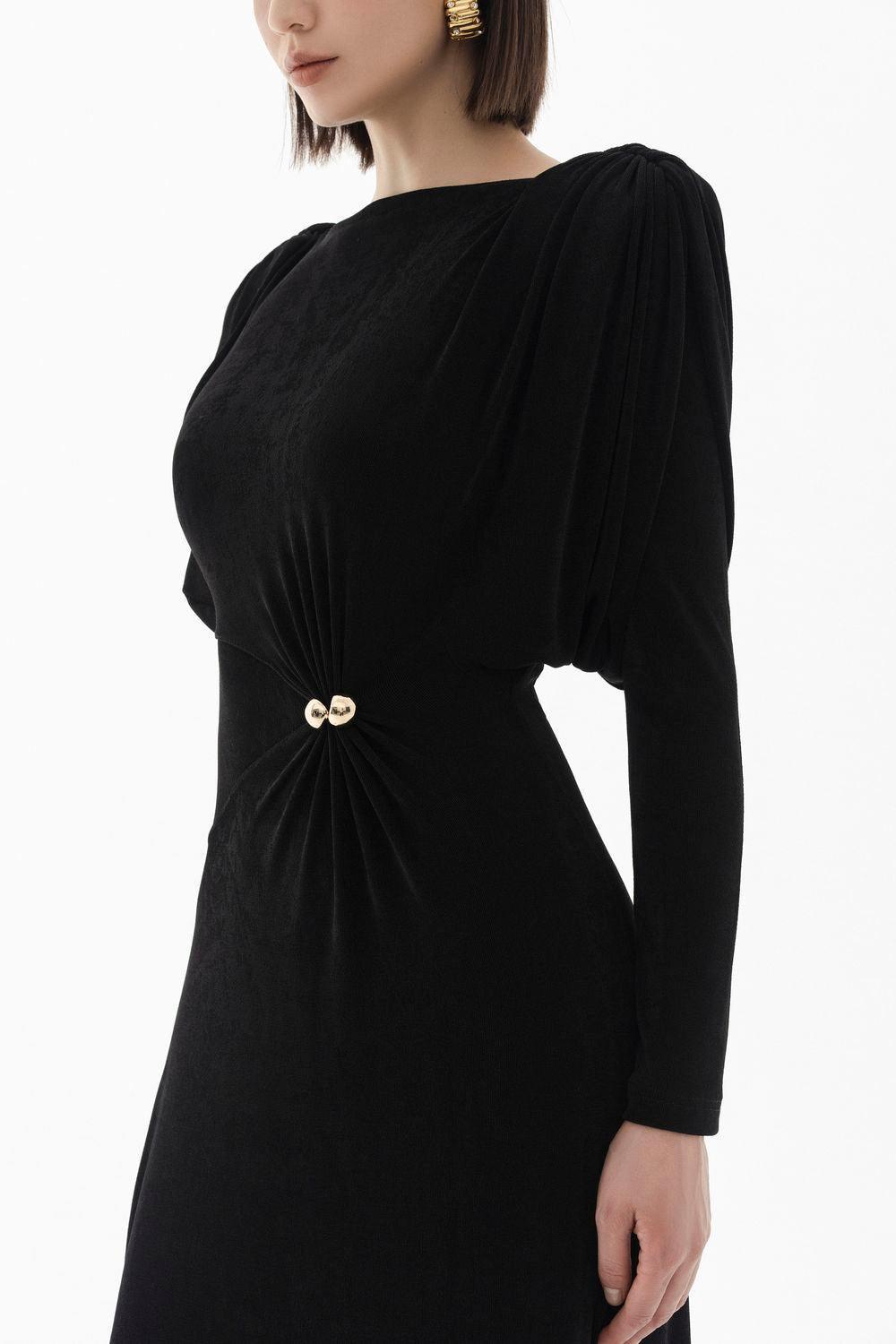 Flowering Girl Women black straight boat neck knitted fabric maxi dress