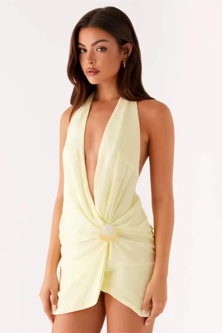 Pale Yellow Beach Halter Neck Mini Dress