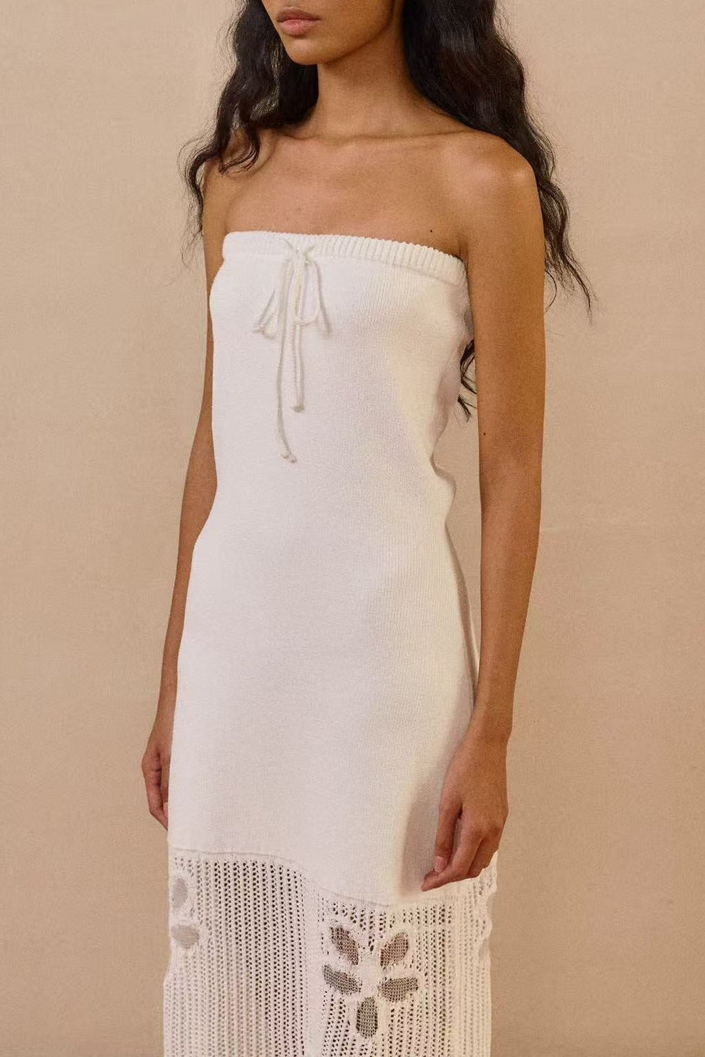White Strapless Knit Maxi Dress With Butterfly Crochet Hem