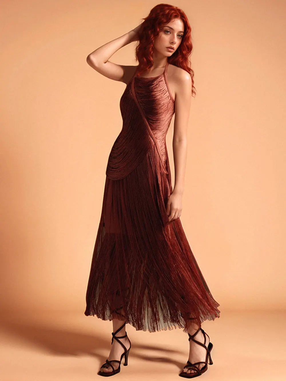 Nicola Pleated Halter Fringe Maxi Dress In Brown