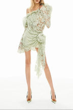 joanna 3d flower Lace hollow Asymmetrical mini Dress in green