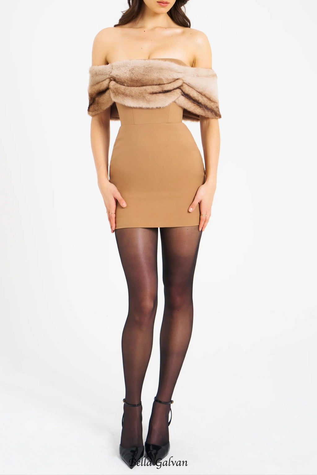 Turmeric Off Shoulder Fur Trim Mini Dress