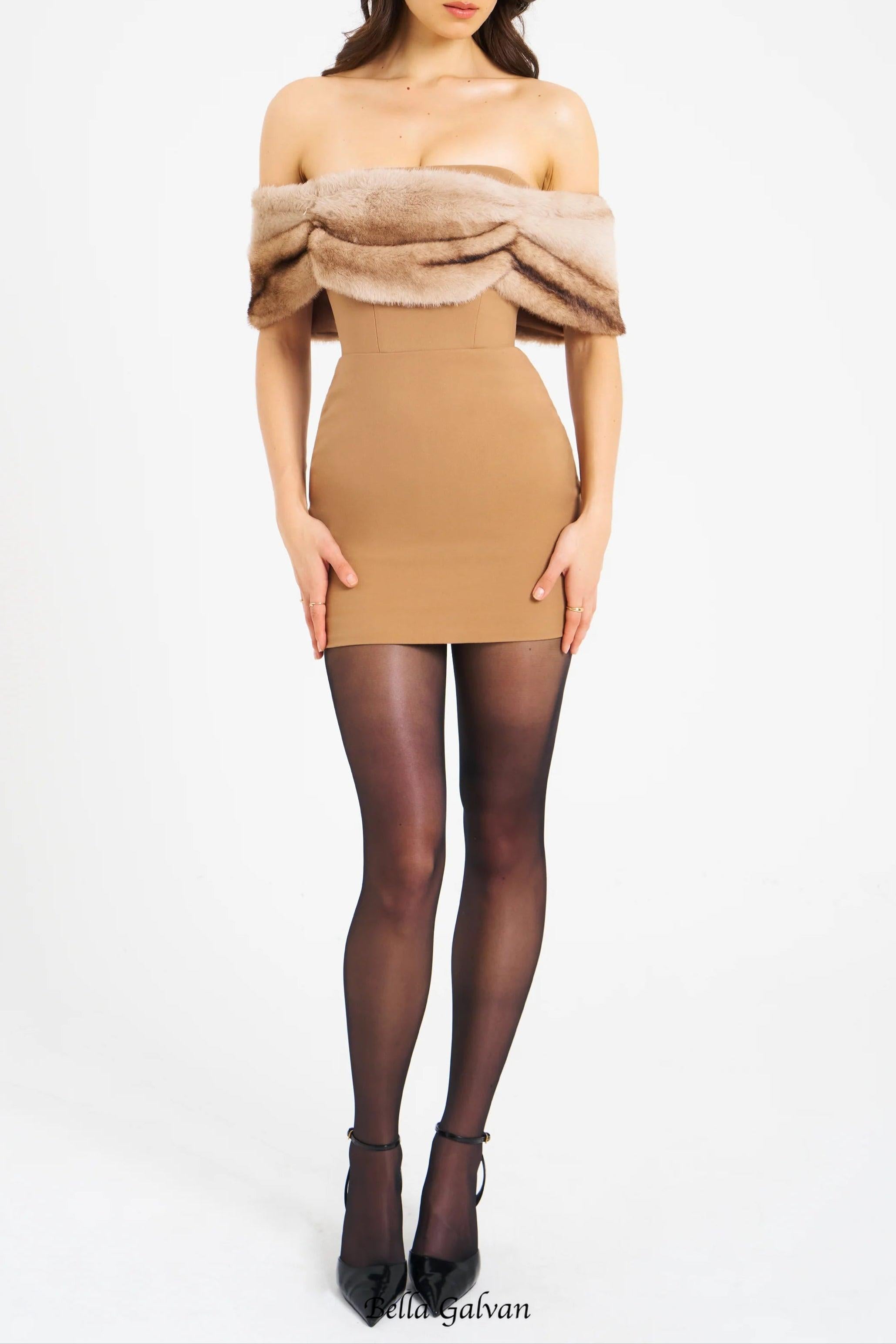 Turmeric Off Shoulder Fur Trim Mini Dress