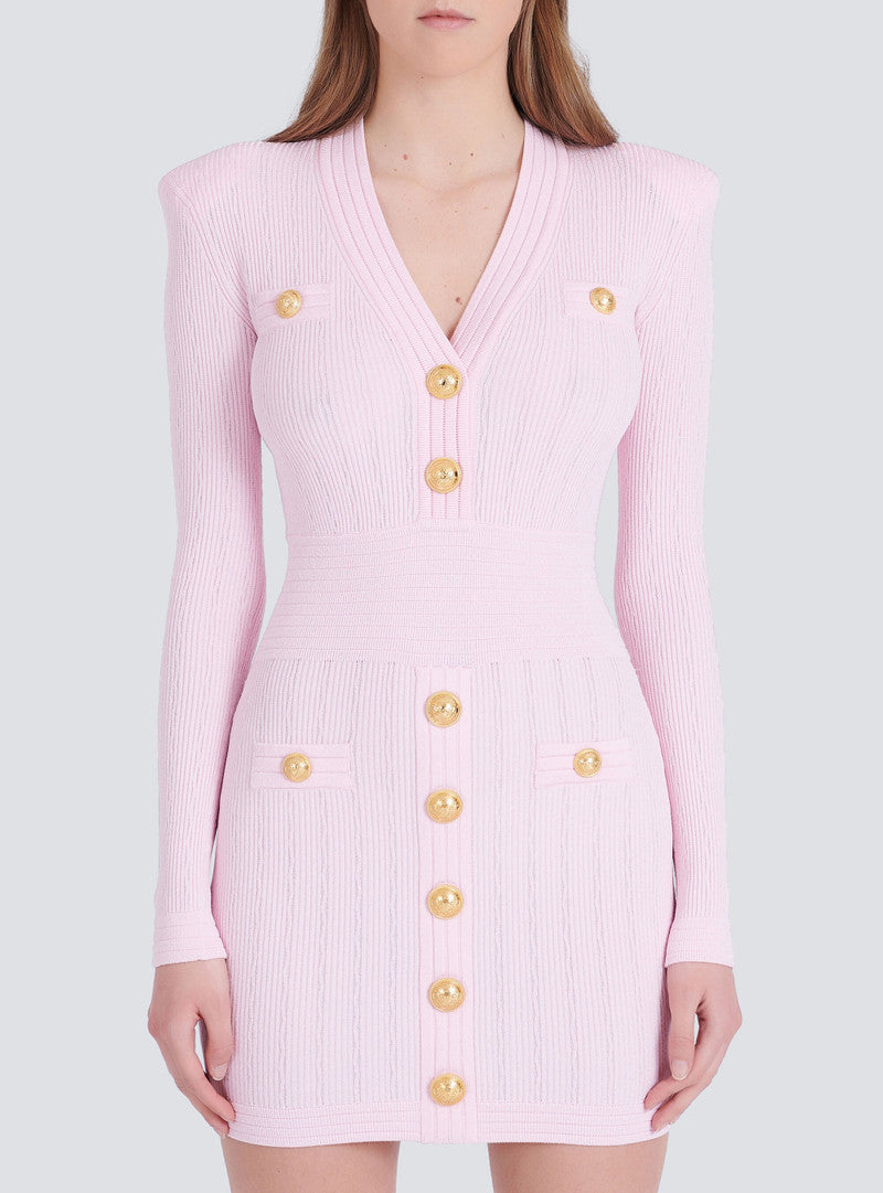 vicky v-neck button-detail ribbed mini dress in pink